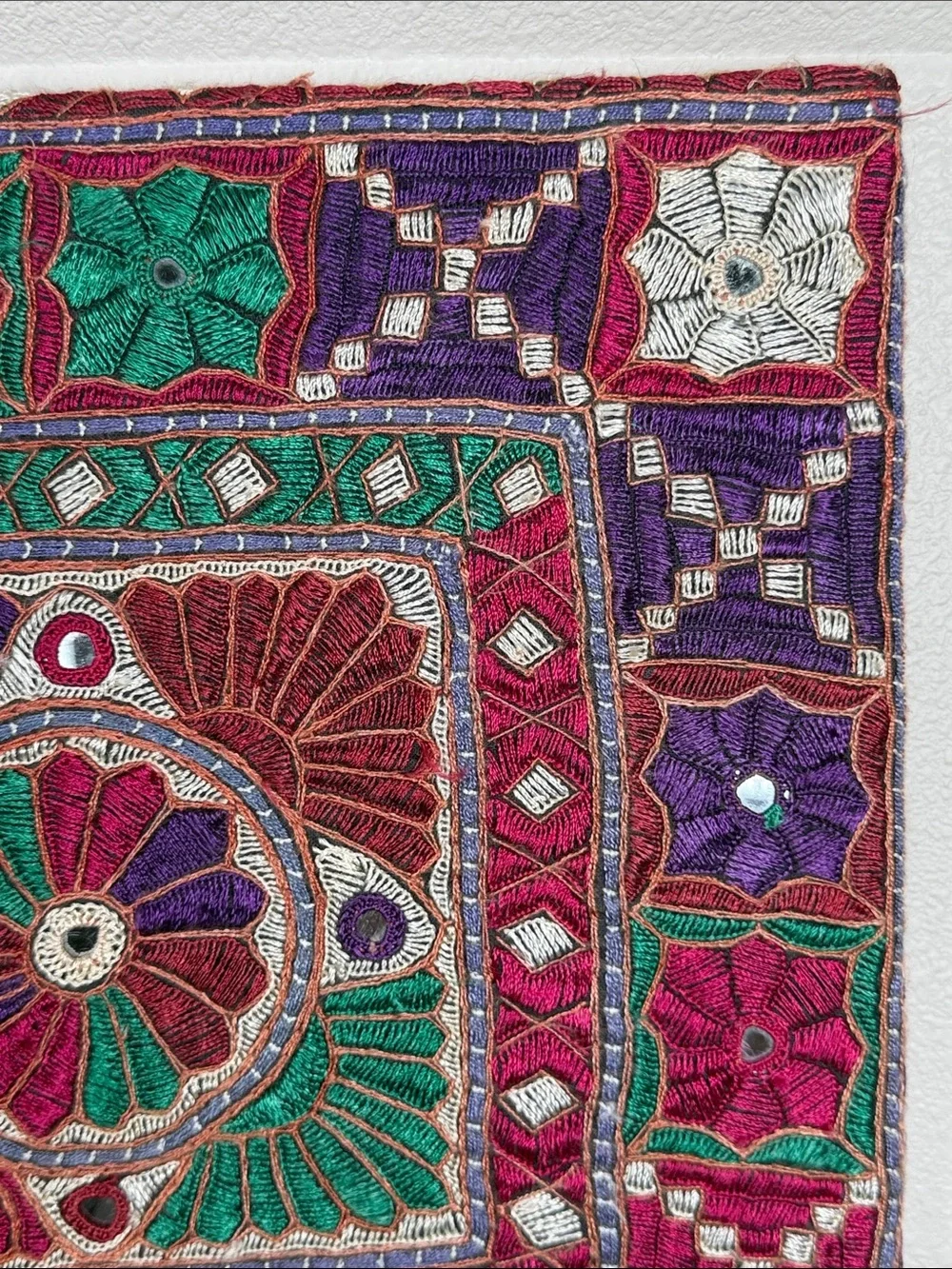 Vintage Tapestry Embroidered Mirrors Jewel Tones Crewel Square Wall Hanging